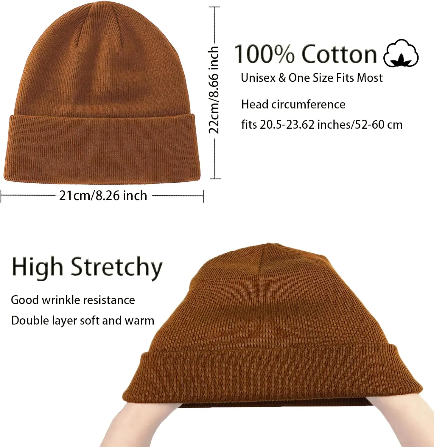 100% Cotton Beanie Hats for Women Men Winter Soft Warm Knit Cuffed Hats Fisherman Beanie Skull Cap Unisex