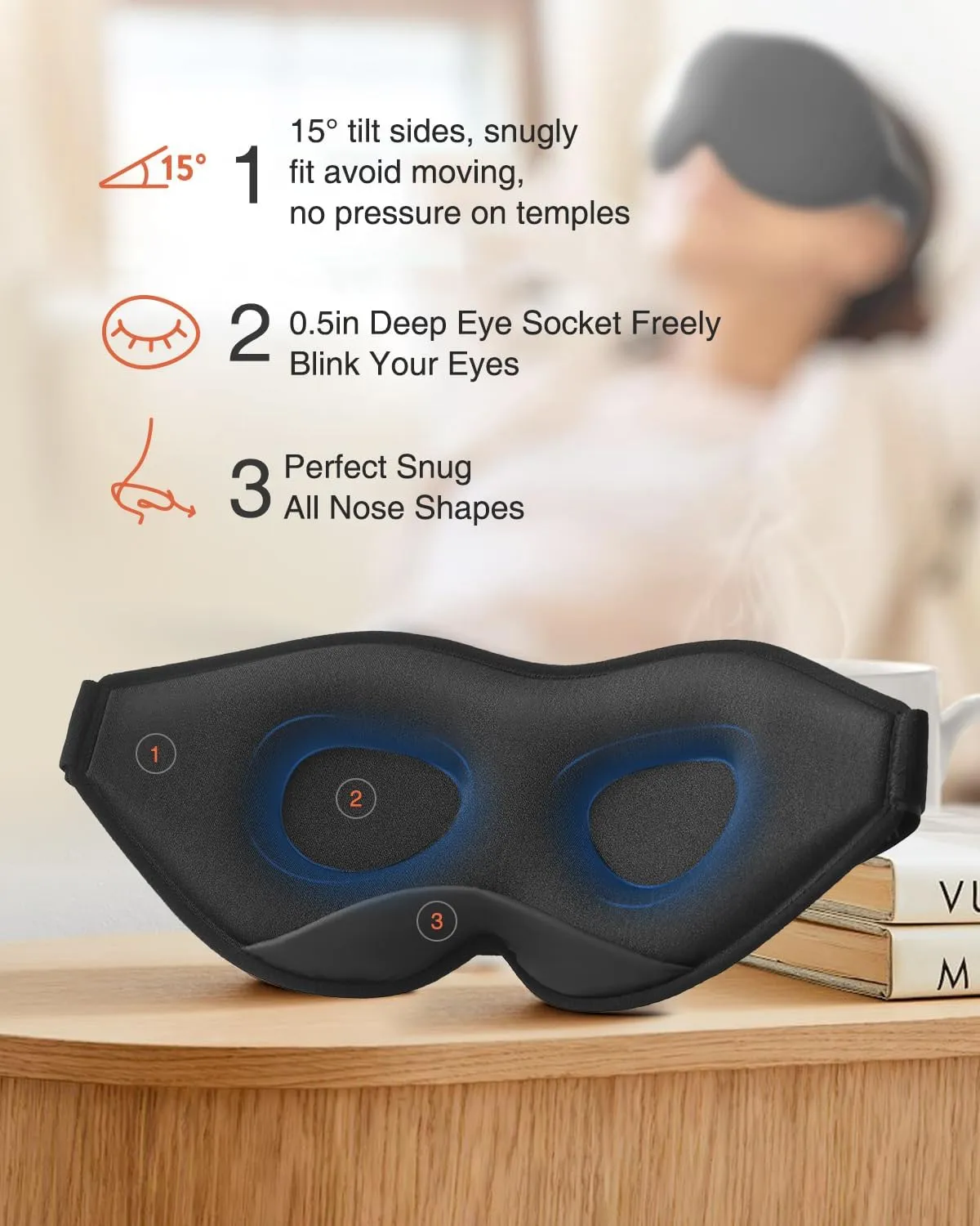 2 Packs Sleep Mask for Side Sleeper, Eye Mask for Sleeping Women Men, 3D Contoured Cup No Eye Pressure 100% Light Blocking Sleeping Mask with Adjustable Strap Night Blindfold Flight, Nap, Black