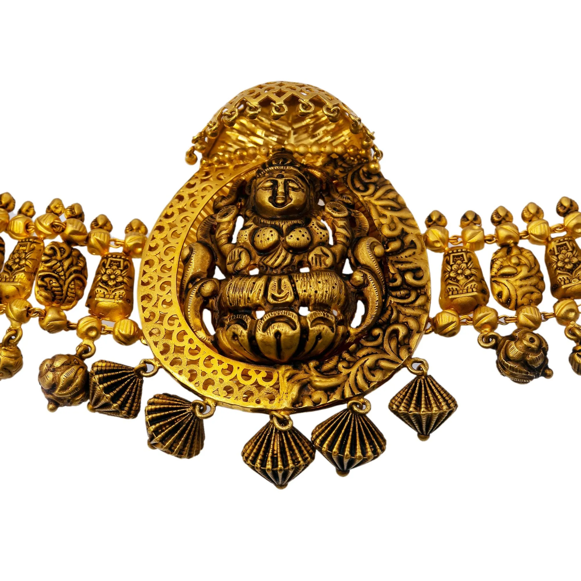22K Yellow Gold Antique Beaded Laxmi Vaddanam Waist Belt W/ Adjustable Gold Chain Belt, 134.7gm