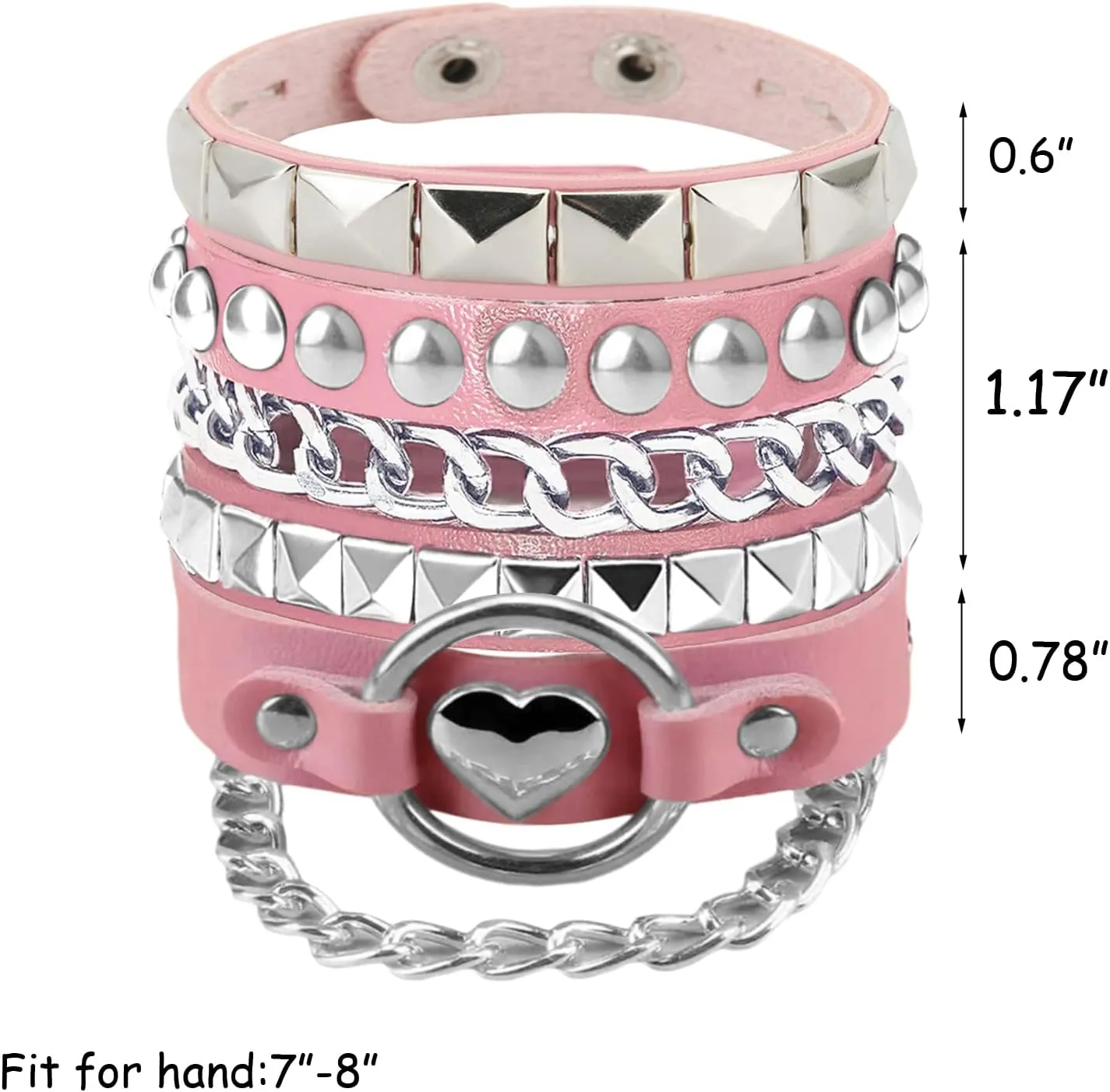 3Pcs Soft Leather Bracelets with Heart/Pyramid/Chain, Emo Punk Wrap Wrist Cuffs Jewelry Accessories Gothic Gift for Vintage Women