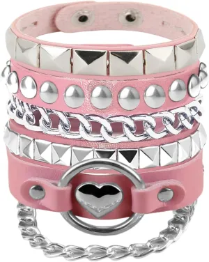 3Pcs Soft Leather Bracelets with Heart/Pyramid/Chain, Emo Punk Wrap Wrist Cuffs Jewelry Accessories Gothic Gift for Vintage Women