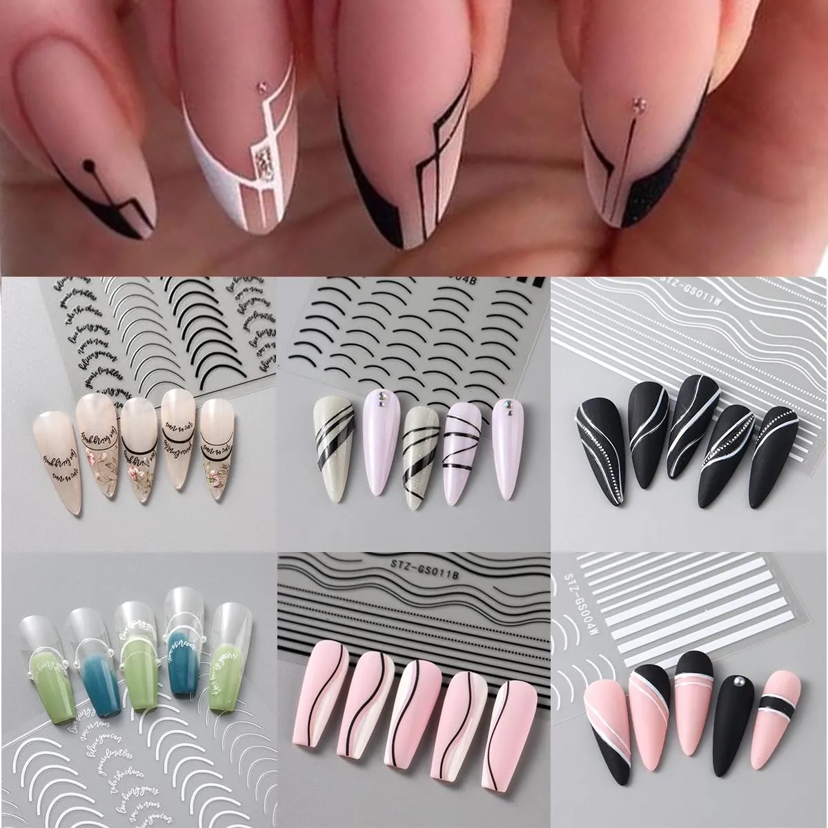 6 Sheets Black French Tip Nail Stickers Smiling Waves Line Nail Art Stickers Black White Line Nail Design Supplies Self-Adhesive Nail Decals for Women DIY Nail Decoration Accessories