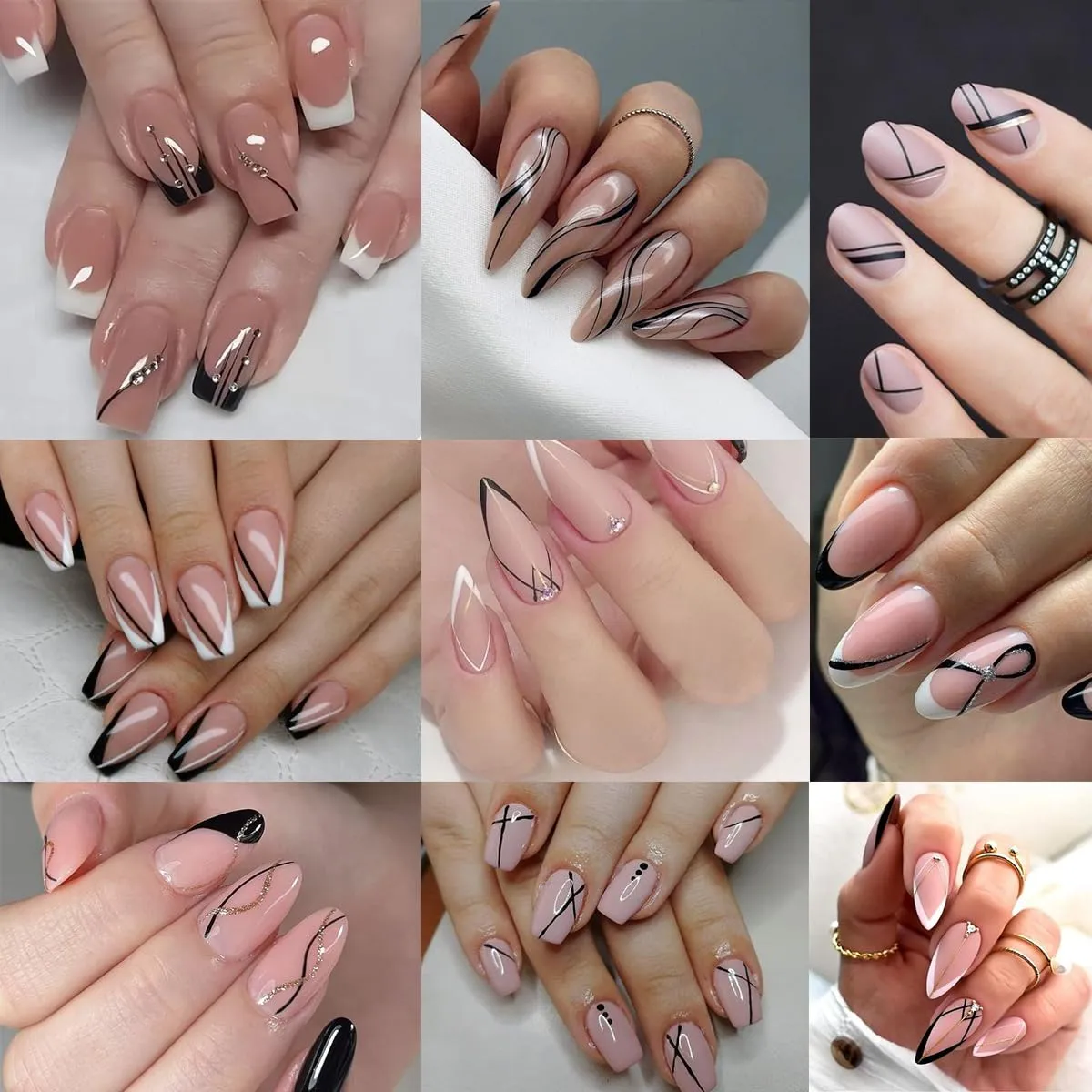 6 Sheets Black French Tip Nail Stickers Smiling Waves Line Nail Art Stickers Black White Line Nail Design Supplies Self-Adhesive Nail Decals for Women DIY Nail Decoration Accessories