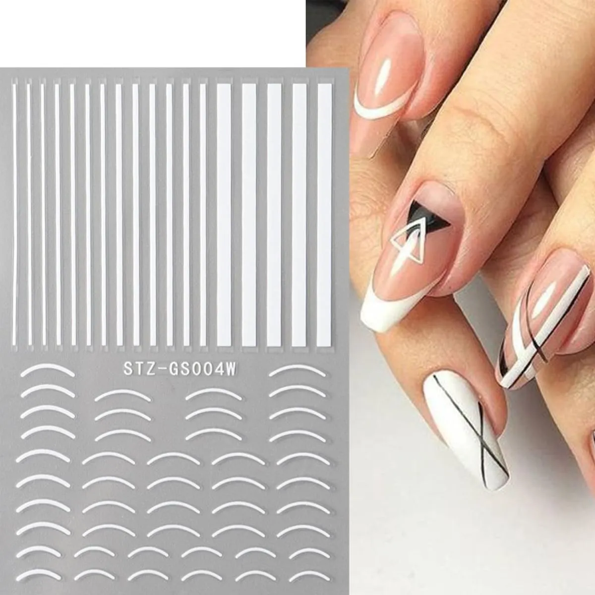 6 Sheets Black French Tip Nail Stickers Smiling Waves Line Nail Art Stickers Black White Line Nail Design Supplies Self-Adhesive Nail Decals for Women DIY Nail Decoration Accessories