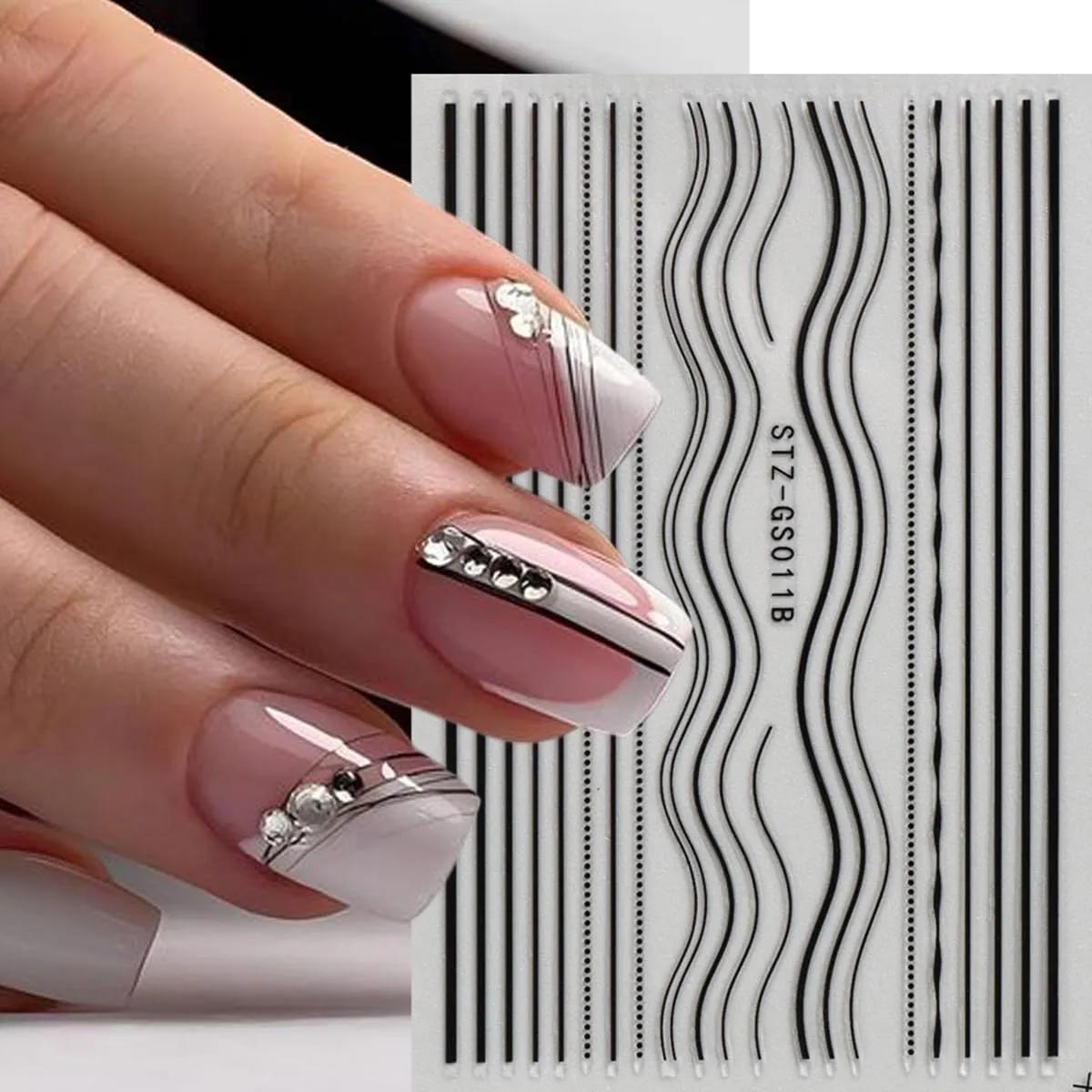 6 Sheets Black French Tip Nail Stickers Smiling Waves Line Nail Art Stickers Black White Line Nail Design Supplies Self-Adhesive Nail Decals for Women DIY Nail Decoration Accessories