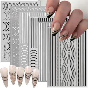 6 Sheets Black French Tip Nail Stickers Smiling Waves Line Nail Art Stickers Black White Line Nail Design Supplies Self-Adhesive Nail Decals for Women DIY Nail Decoration Accessories