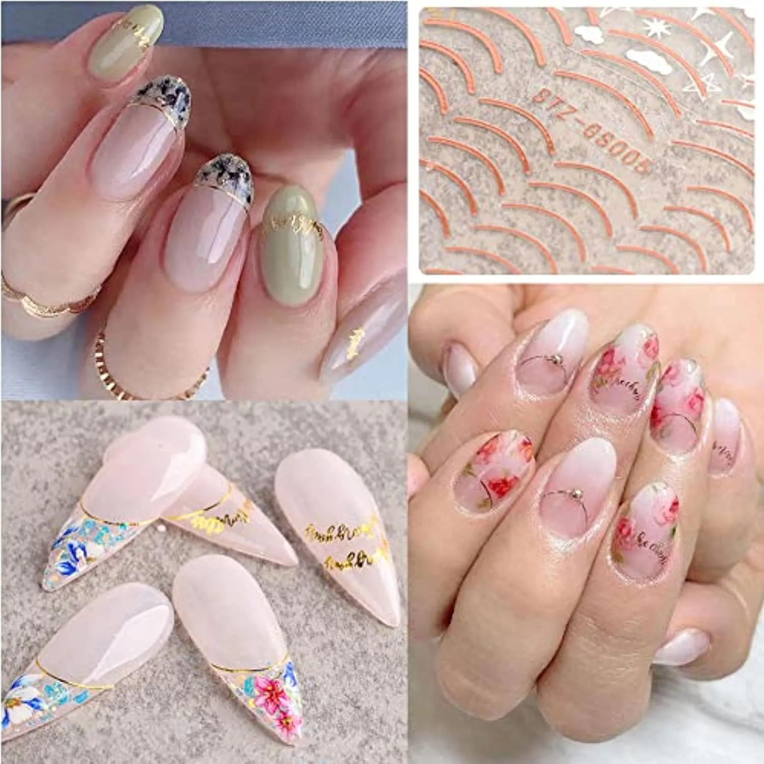 6 Sheets Metal Line Nail Stickers for Women, 3D Metallic Self-Adhesive Nail Decals Curve Stripe Lines Letter French Design Nail Supply Manicure Fingernail Decorations Gift for Women Girls (Rose Gold)