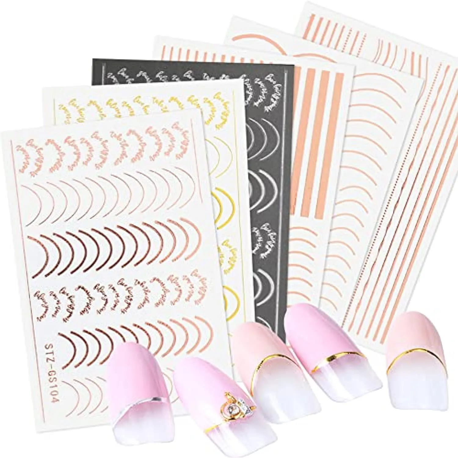 6 Sheets Metal Line Nail Stickers for Women, 3D Metallic Self-Adhesive Nail Decals Curve Stripe Lines Letter French Design Nail Supply Manicure Fingernail Decorations Gift for Women Girls (Rose Gold)