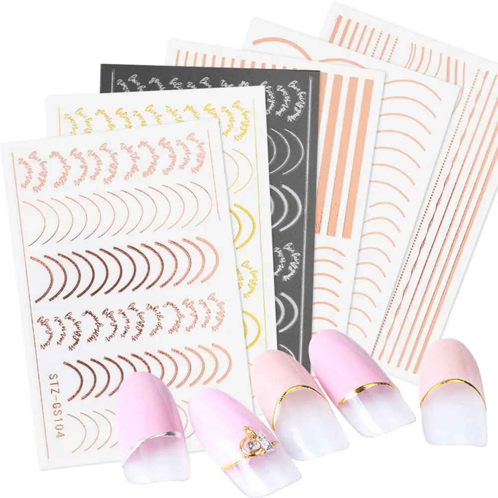 6 Sheets Metal Line Nail Stickers for Women, 3D Metallic Self-Adhesive Nail Decals Curve Stripe Lines Letter French Design Nail Supply Manicure Fingernail Decorations Gift for Women Girls (Rose Gold)