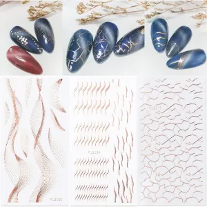 6 Sheets Metal Line Nail Stickers for Women, 3D Metallic Self-Adhesive Nail Decals Curve Stripe Lines Letter French Design Nail Supply Manicure Fingernail Decorations Gift for Women Girls (Rose Gold)