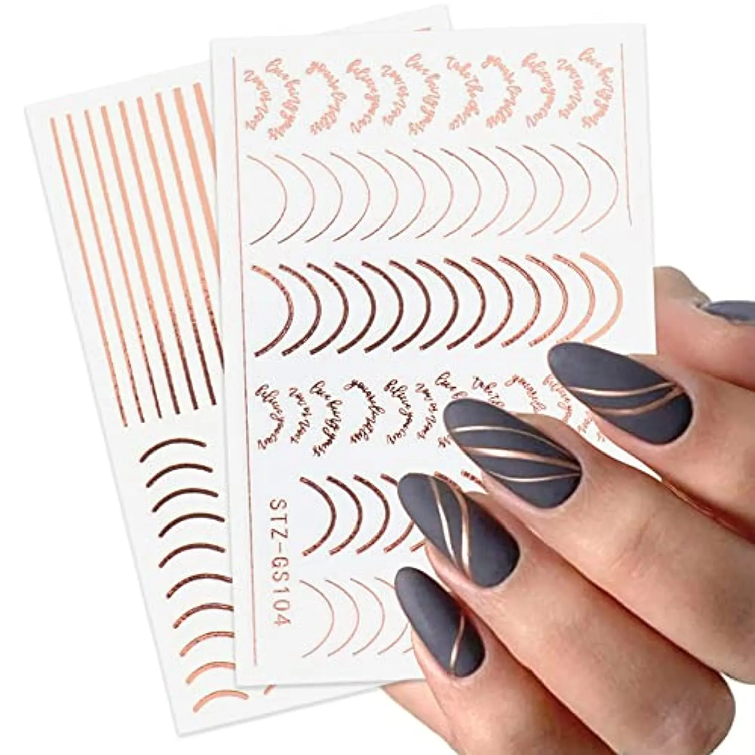 6 Sheets Metal Line Nail Stickers for Women, 3D Metallic Self-Adhesive Nail Decals Curve Stripe Lines Letter French Design Nail Supply Manicure Fingernail Decorations Gift for Women Girls (Rose Gold)