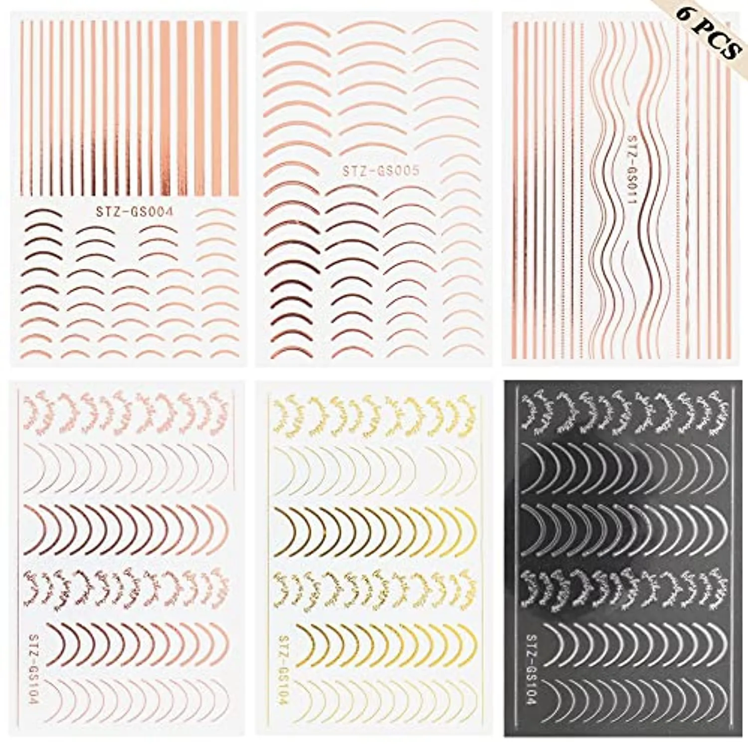 6 Sheets Metal Line Nail Stickers for Women, 3D Metallic Self-Adhesive Nail Decals Curve Stripe Lines Letter French Design Nail Supply Manicure Fingernail Decorations Gift for Women Girls (Rose Gold)