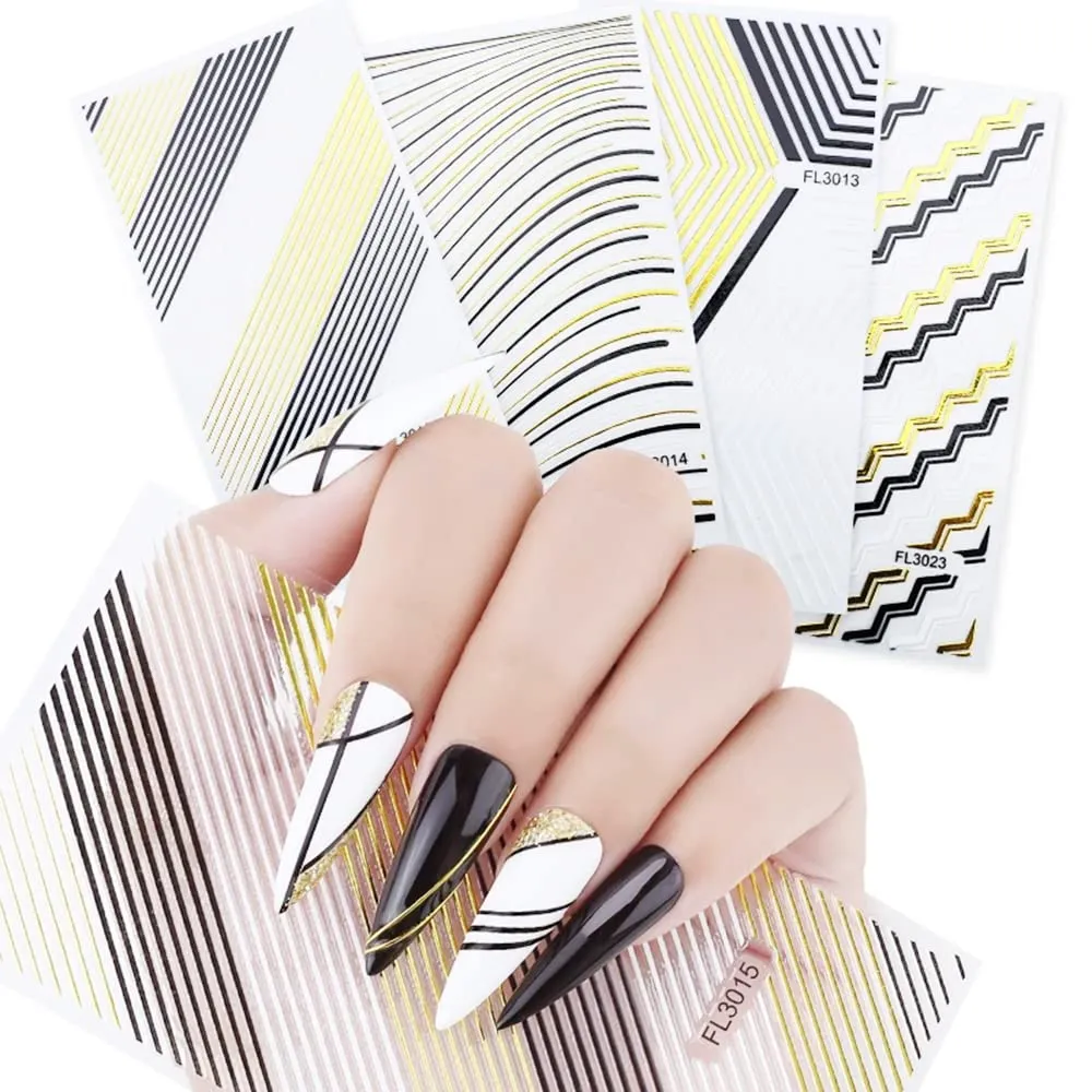 6 Sheets Metal Line Nail Stickers for Women, 3D Metallic Self-Adhesive Nail Decals Curve Stripe Lines Letter French Design Nail Supply Manicure Fingernail Decorations Gift for Women Girls (Rose Gold)