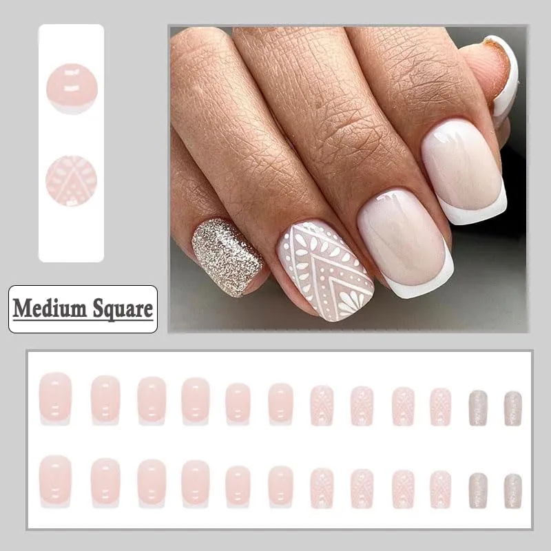 BAOYAALIN Press on Nails Short Medium Square French White Fake Nails with Simple Design, Press ons Artificial Acrylic Full Cover Glitter False Stick on Nail for Women Girls Daily Wear Wedding 24Pcs