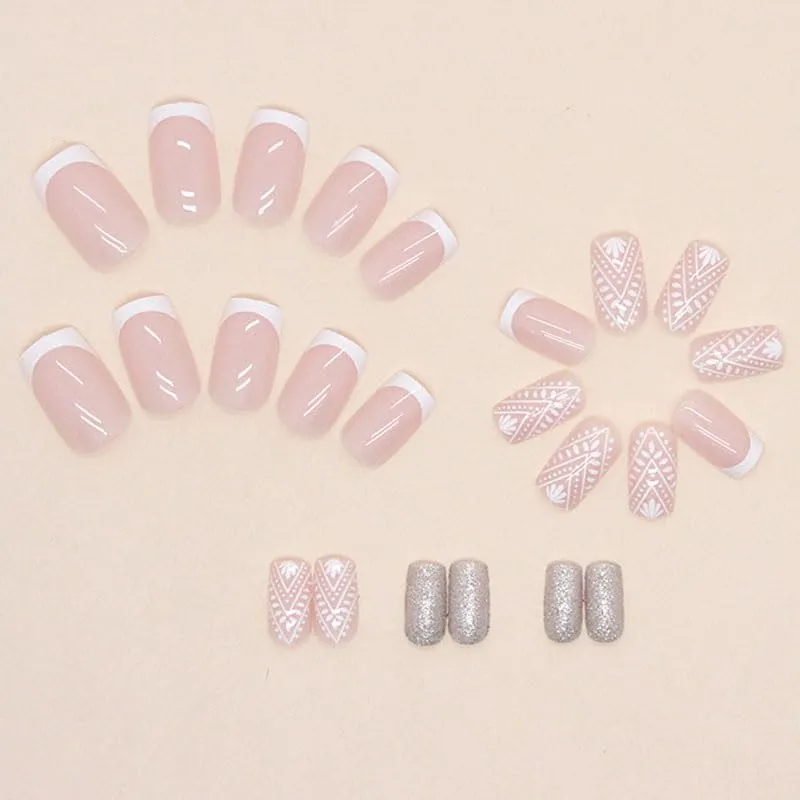BAOYAALIN Press on Nails Short Medium Square French White Fake Nails with Simple Design, Press ons Artificial Acrylic Full Cover Glitter False Stick on Nail for Women Girls Daily Wear Wedding 24Pcs