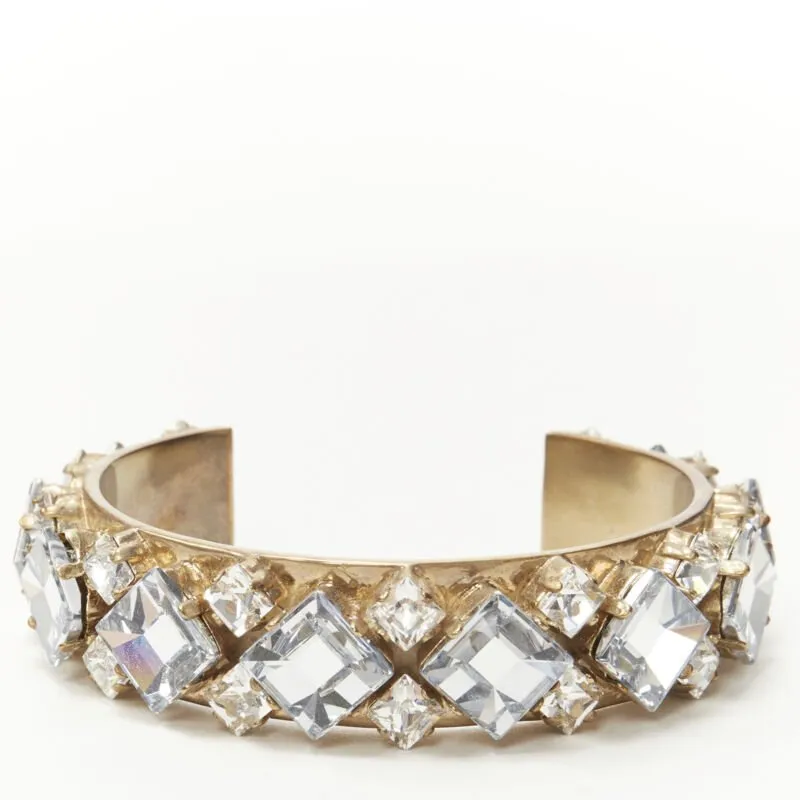 CHRISTIAN DIOR light blue clear square crystal jewel gold-tone cuff bangle M