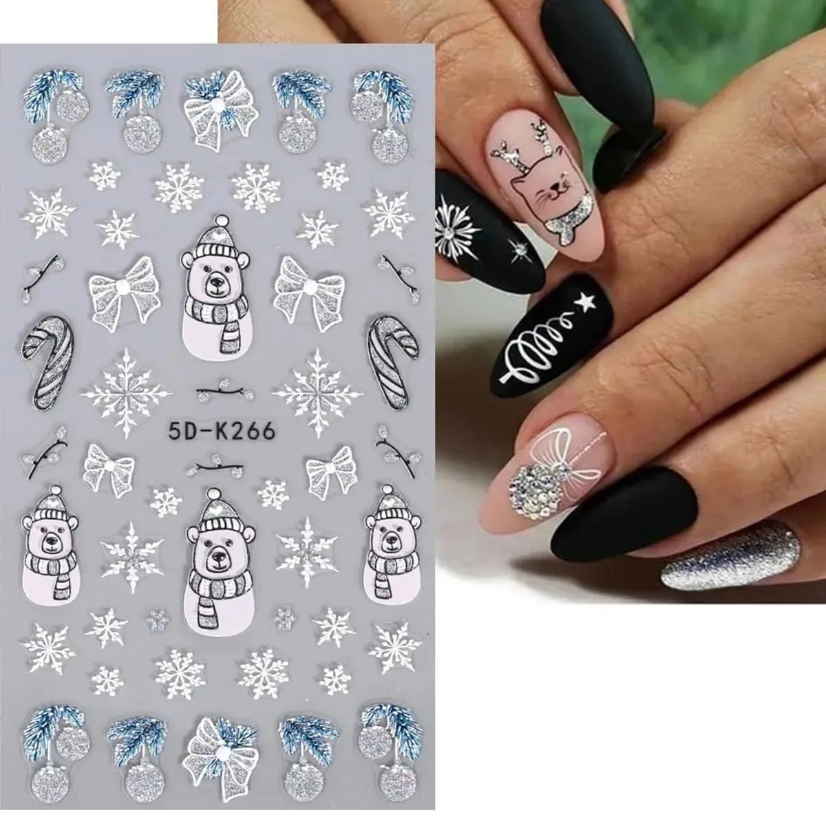 Christmas Nail Art Stickers Winter Snowflake Snowman Nail Decals 5D Acrylic Engraved Nail Stickers Silver Glitter Santa Claus Xmas Tree Christmas Nail Art Supplies Transfer Slider for Nails Decoration