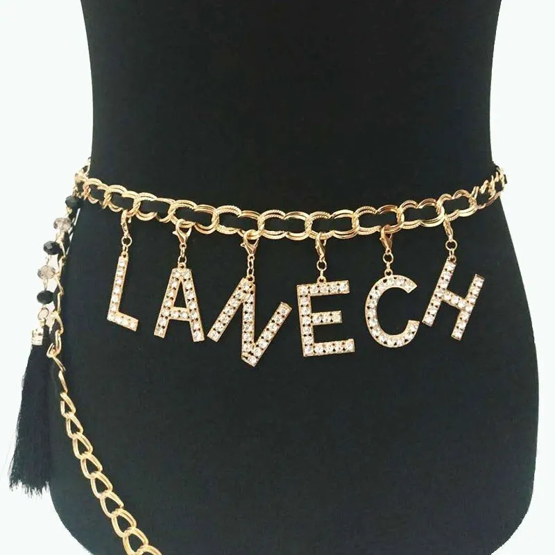 Crystal Letters Name Waist Chain Belt | Custom Name Waist Chain | Stainless Steel Waist Chain Belt | Silver Metal Chain Belt | Belly Waist Chain