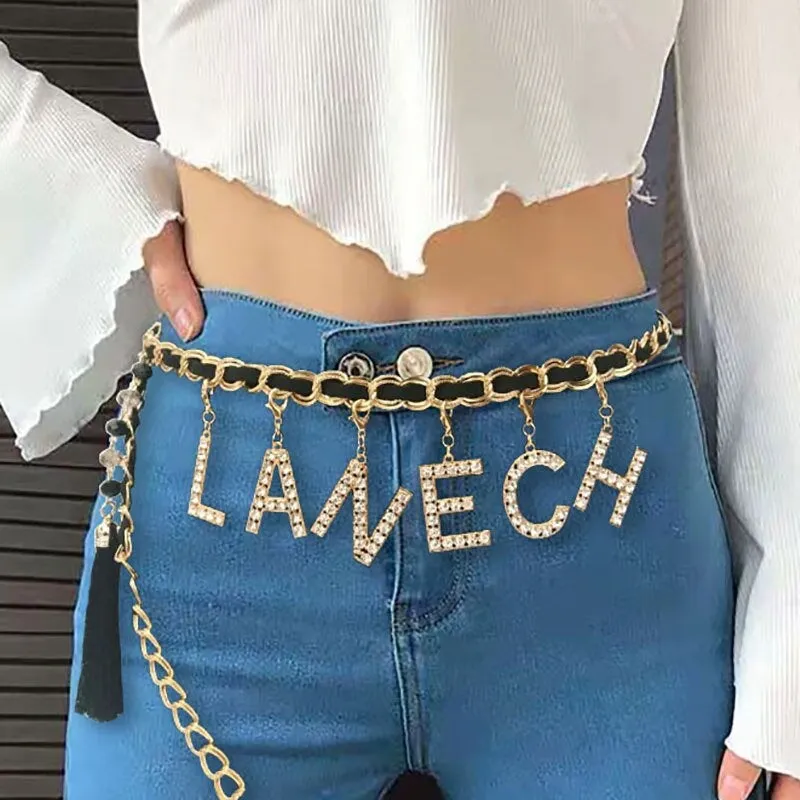 Crystal Letters Name Waist Chain Belt | Custom Name Waist Chain | Stainless Steel Waist Chain Belt | Silver Metal Chain Belt | Belly Waist Chain