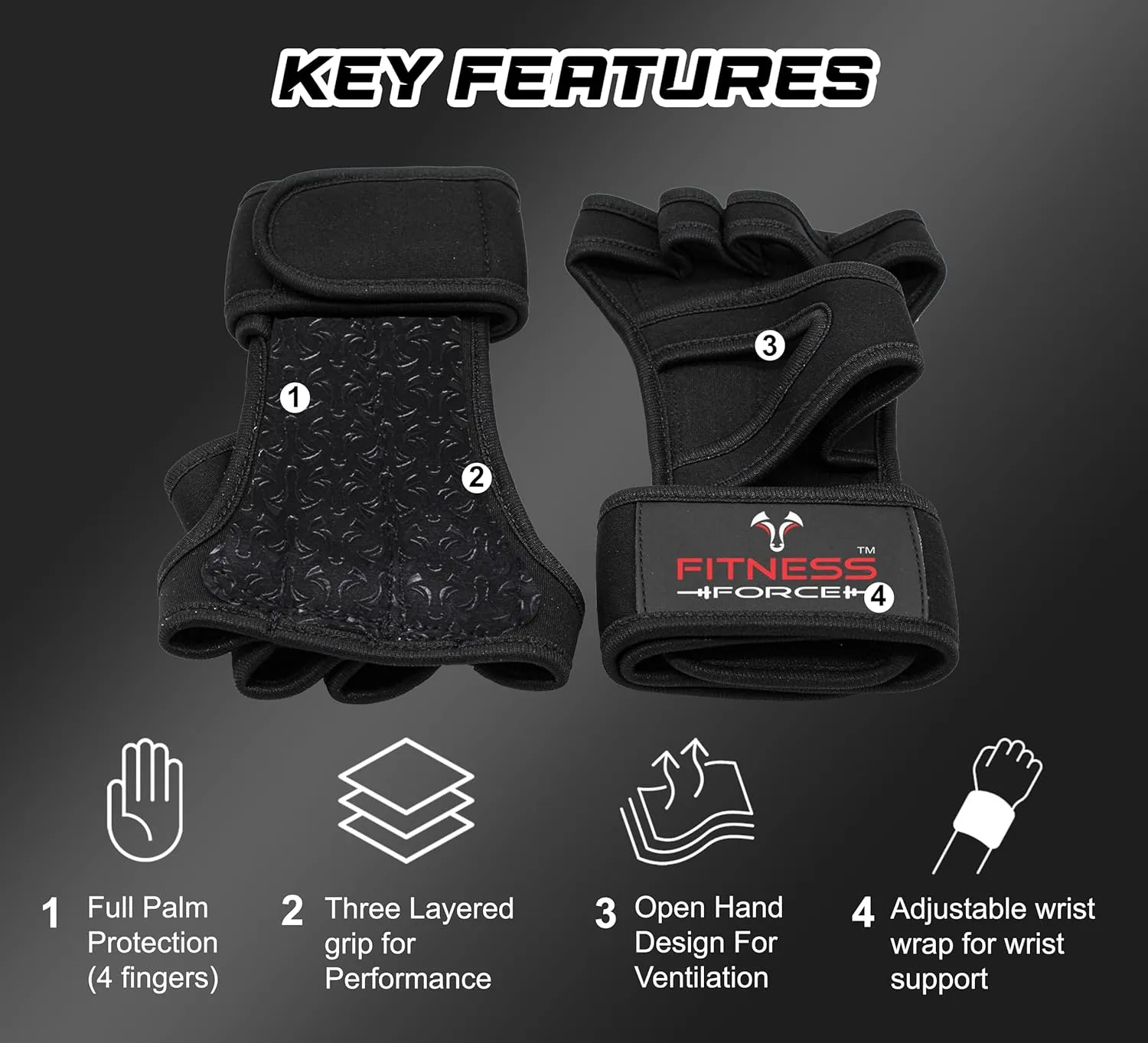 FITNESS FORCE Ventilated Gym Gloves for Men with Built-in Wrist Support for Workouts Weightlifting Gloves Workout Gloves for Women Exercise Fitness Gloves Perfect for Powerlifting, Cross Training