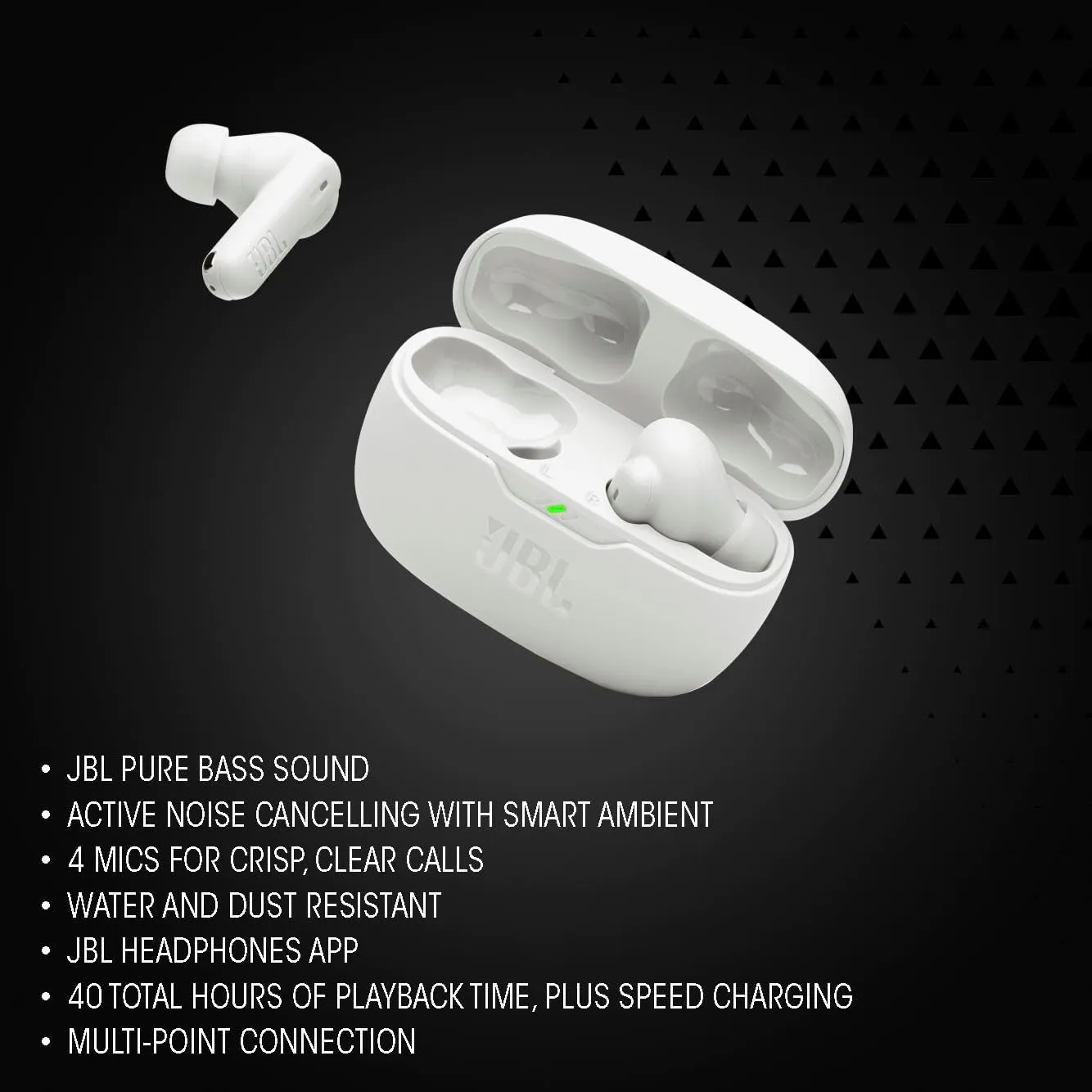 JBL Vibe Beam 2 - True Wireless Noise Cancelling Earbuds Pure Bass Sound & Smart Ambient Technology, 4mics for Crisp, Clear Calls, up to 40Hrs of Playback, IP54 Dust & Water Resistant (Black)