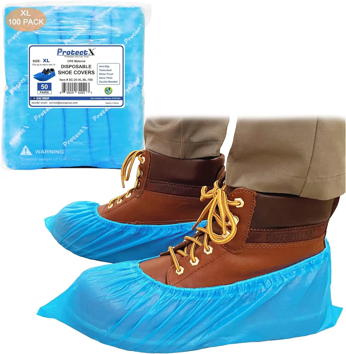 ProtectX Disposable Shoe & Boot Covers, XL Extra Large, 100-pack (50 pairs), Waterproof, Slip Resistant, Durable CPE plastic, Fits up to Mens 14 US Size and All Womens US Size Shoes