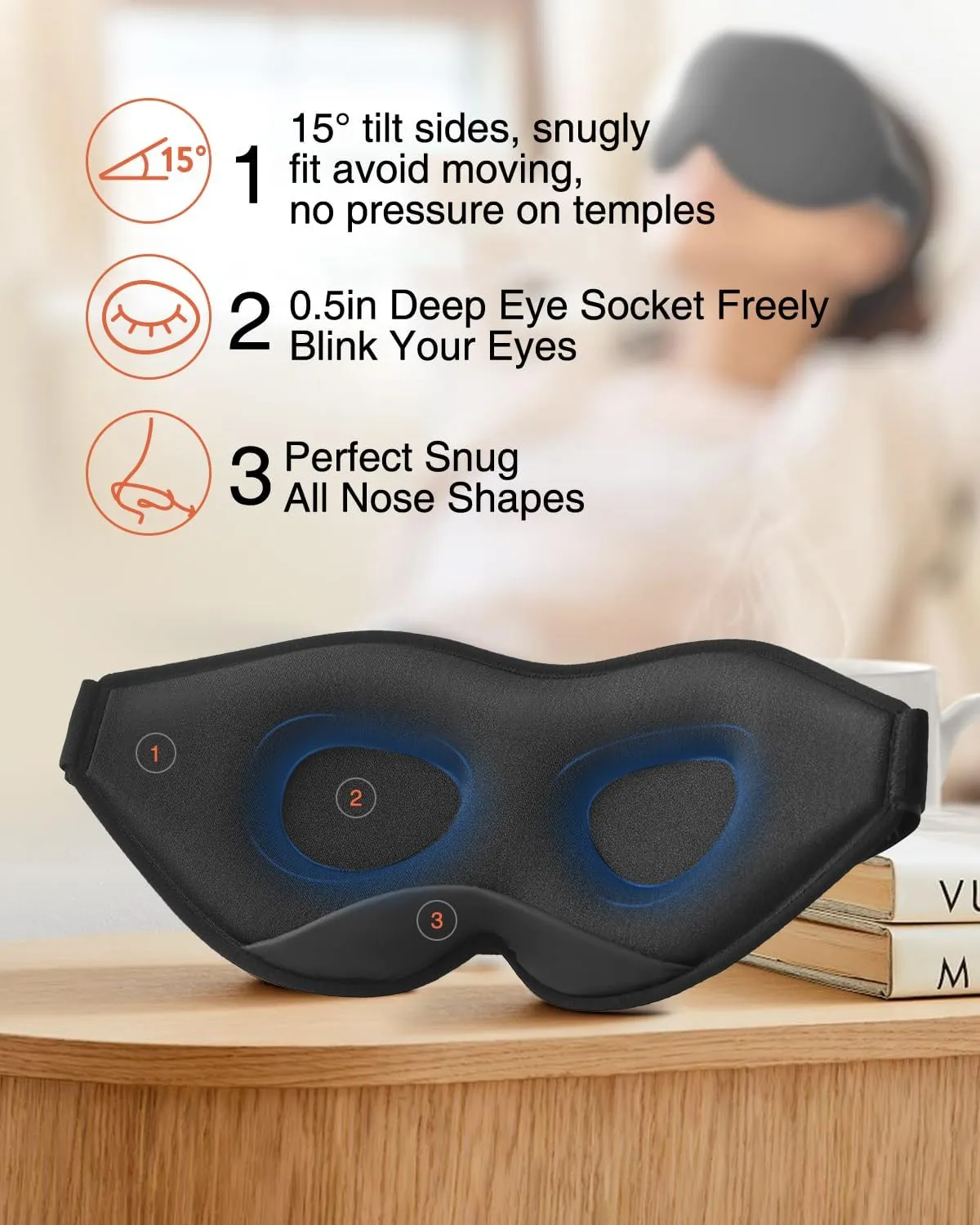 Sleep Mask for Side Sleeper, Eye Mask for Sleeping Women Men, 3D Contoured Cup No Eye Pressure 100% Light Blocking Sleeping Mask with Adjustable Strap Night Blindfold Flight, Travel, Nap, Black