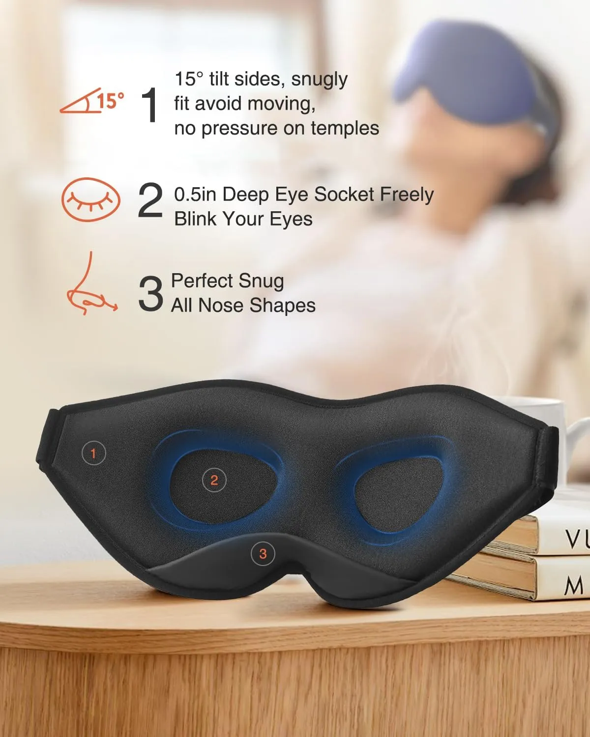 Sleep Mask for Side Sleeper, Eye Mask for Sleeping Women Men, 3D Contoured Cup No Eye Pressure 100% Light Blocking Sleeping Mask with Adjustable Strap Night Blindfold Flight, Travel, Nap, Blue