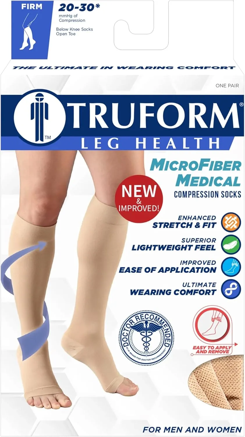 Truform 20-30 mmHg Compression Stockings for Men and Women, Knee High Length, Open Toe, Beige, Medium (1 Pair)