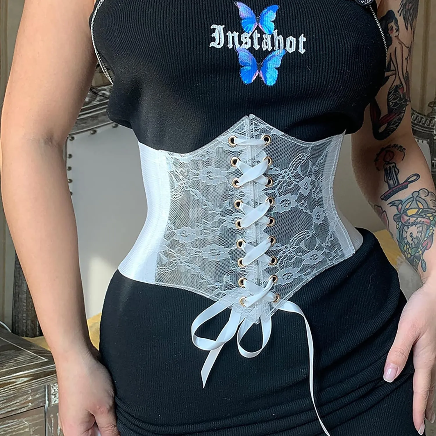 VASTLUCKY Womens Elastic Waist Belts Lace-up Cincher Waspie Corset Lace Fashion Waistband for Long Shirt Dress Belt