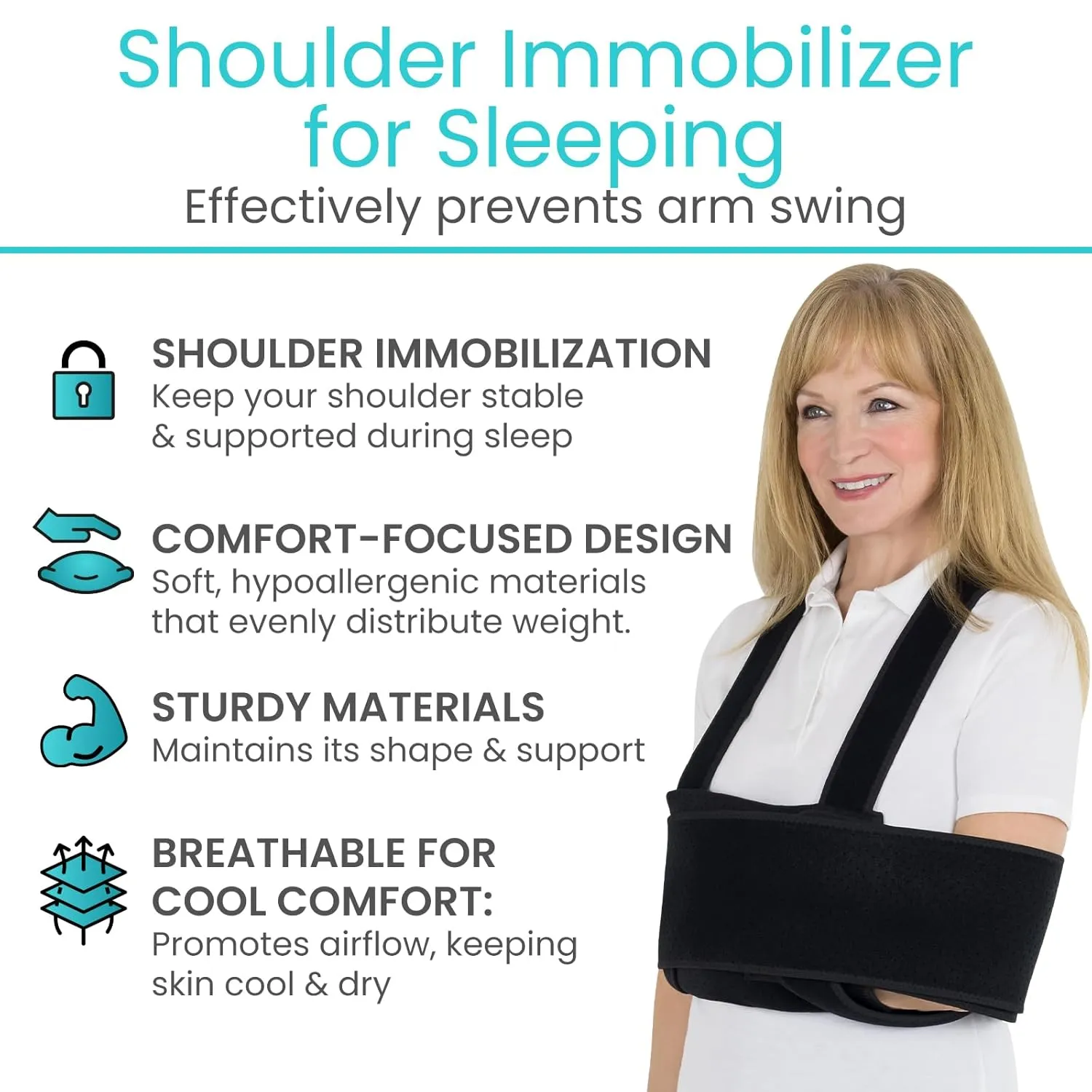 Vive Arm Sling Shoulder Immobilizer for Sleeping (Fits Left & Right) - Comfortable Night Support for Elbow Injury, Rotator Cuff Surgery, Broken Wrist & Hand - Adjustable Straps Fit Men & Women (Black) (Standard)