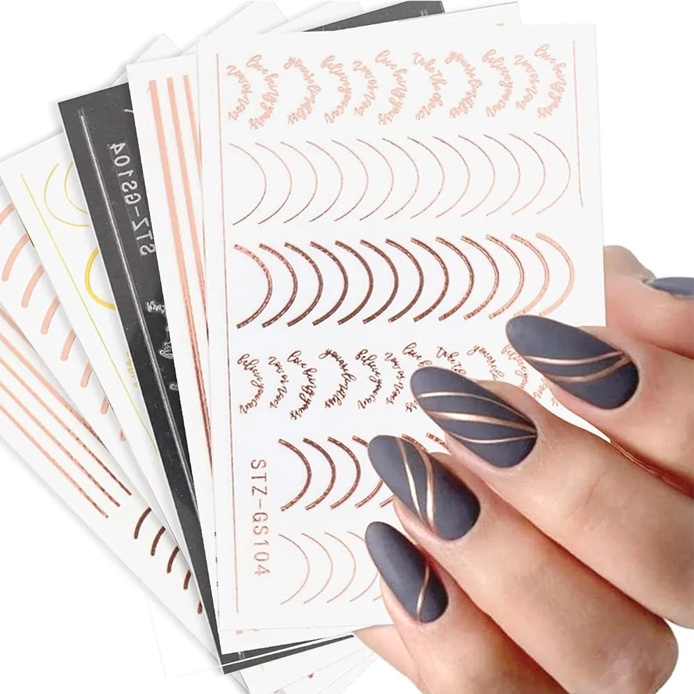 Vnicesli Line Nail Art Stickers Decals, 6 Sheets 3D Metal Line Nail Stickers for Nail Art Self-Adhesive Nail Decals Metal Curve Stripe Lines Design Nail Stickers Foil Nail Art Accessories